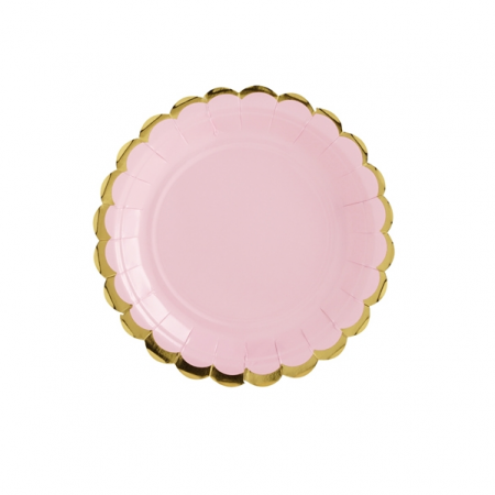 6 assiettes roses et festons dorés - 18 cm