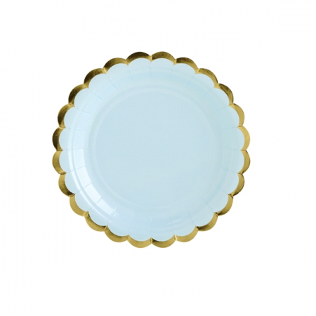 6 assiettes bleu ciel et festons dorés - 18 cm