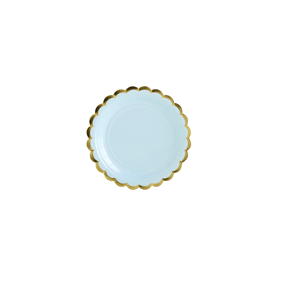 6 assiettes bleu ciel et festons dorés - 18 cm