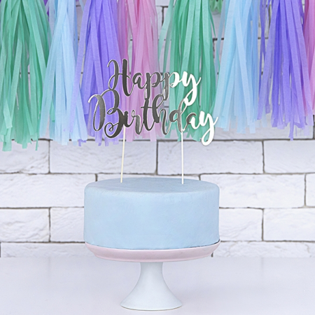 Cake topper papier argenté "happy birthday"