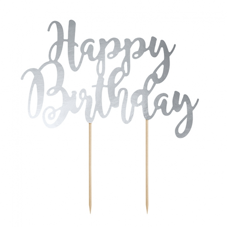 Cake topper papier argenté "happy birthday"