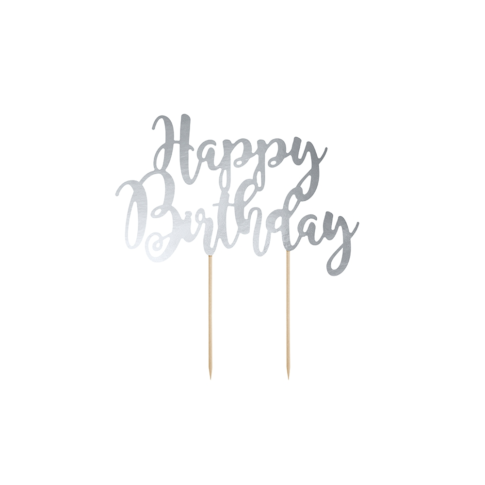 Cake topper papier argenté "happy birthday"