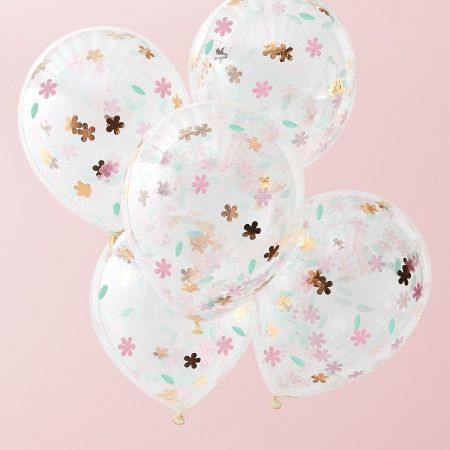 5 ballons confettis fleurs et rose gold