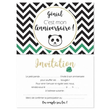 5 cartes d'invitation Panda + 5 enveloppes