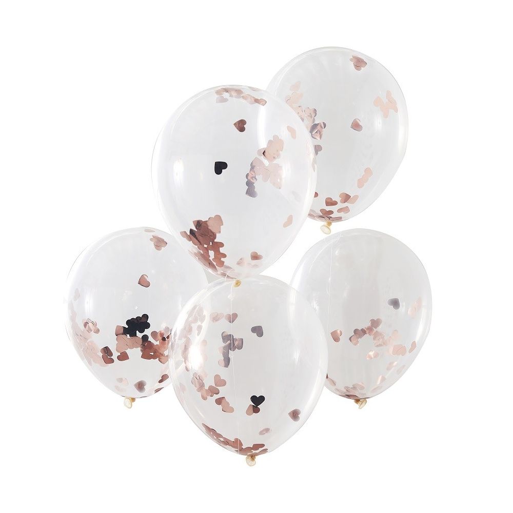 5 ballons transparents confettis rose gold "coeur"