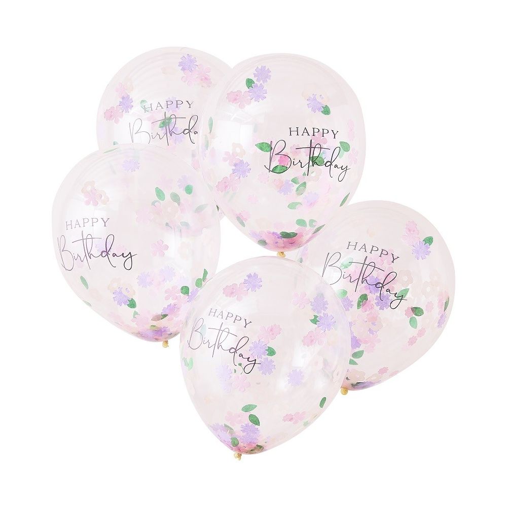 5 ballons transparents botaniques "Happy birthday"