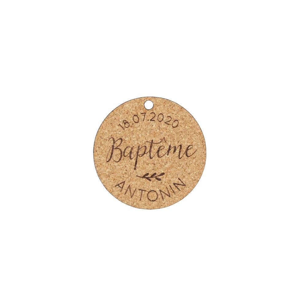 10 étiquettes personnalisables en liège rondes "baptême botanique"