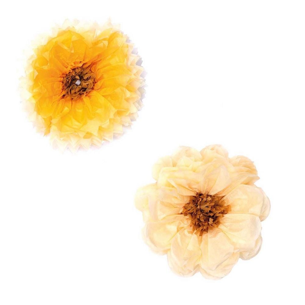Lot de 2 petites fleurs en papier "jaune et crème" - 25 cm