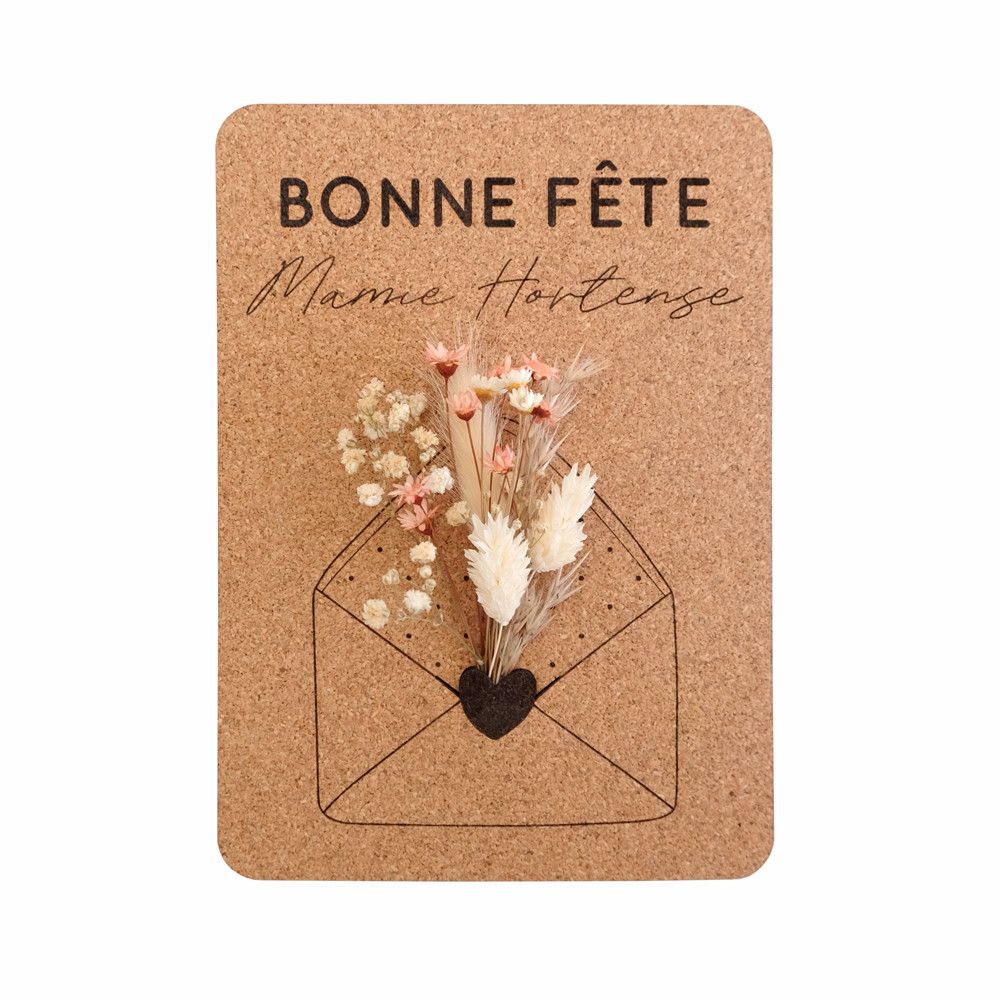 Pancarte en liège personnalisable + fleurs séchées "bonne fête Mamie"