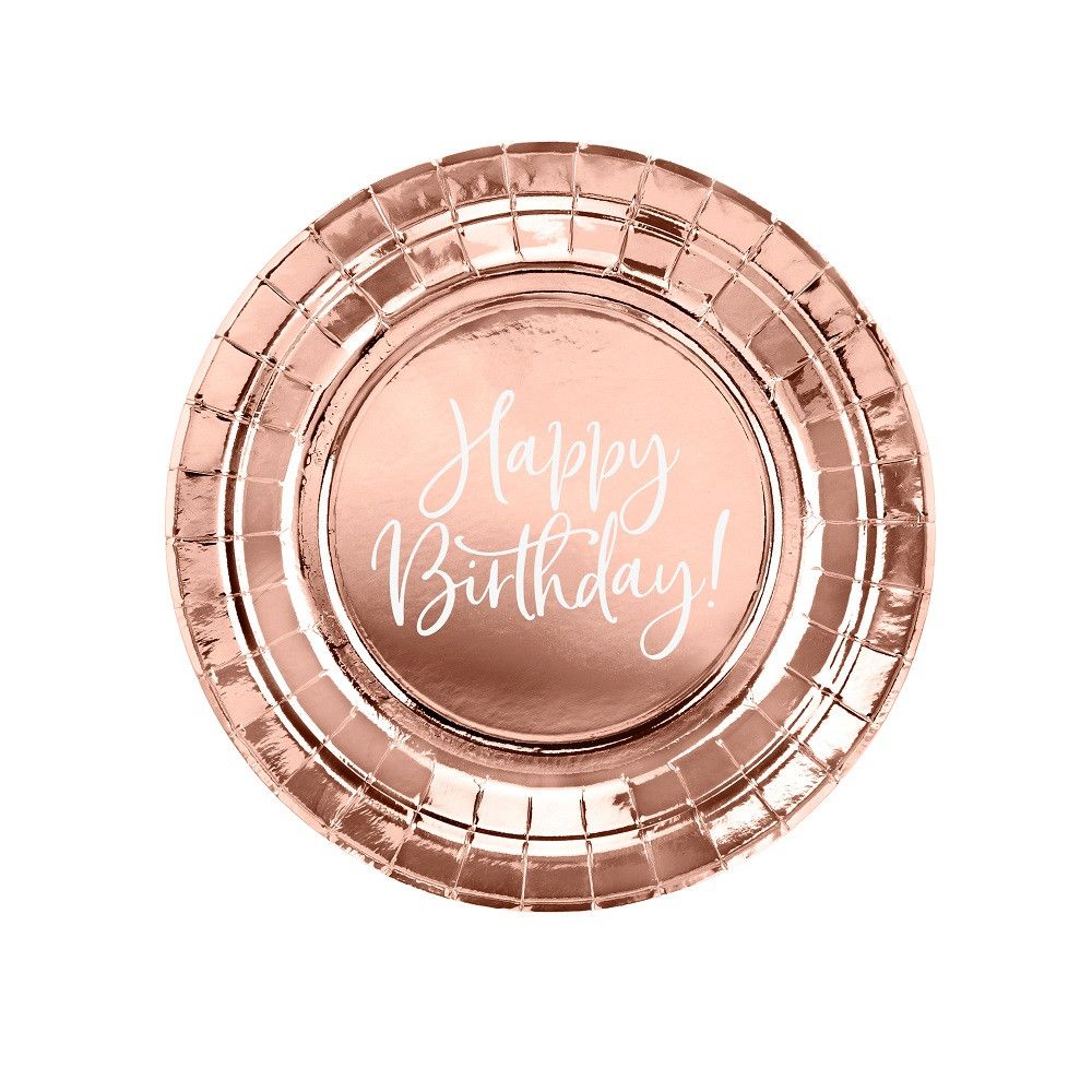 6 assiettes rose gold "happy birthday" - 18 cm