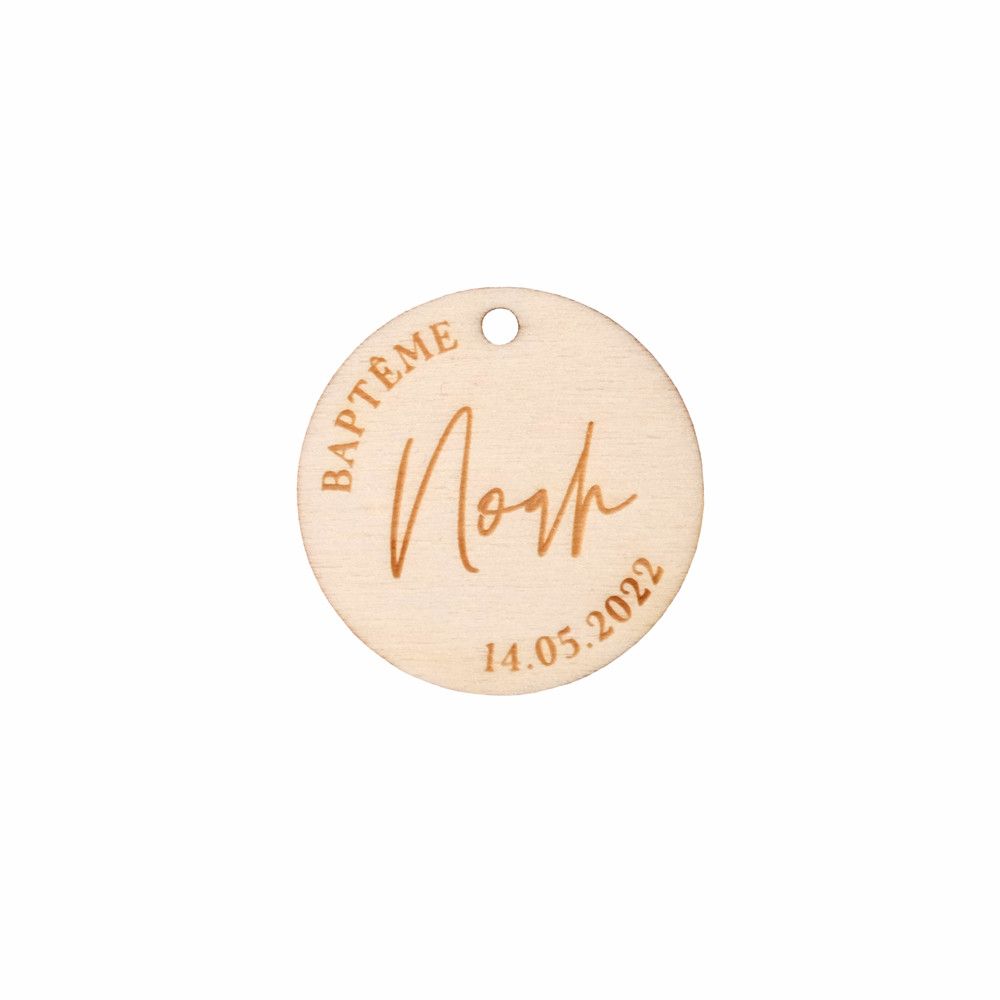 10 étiquettes personnalisables en bois rondes "baptême palme"