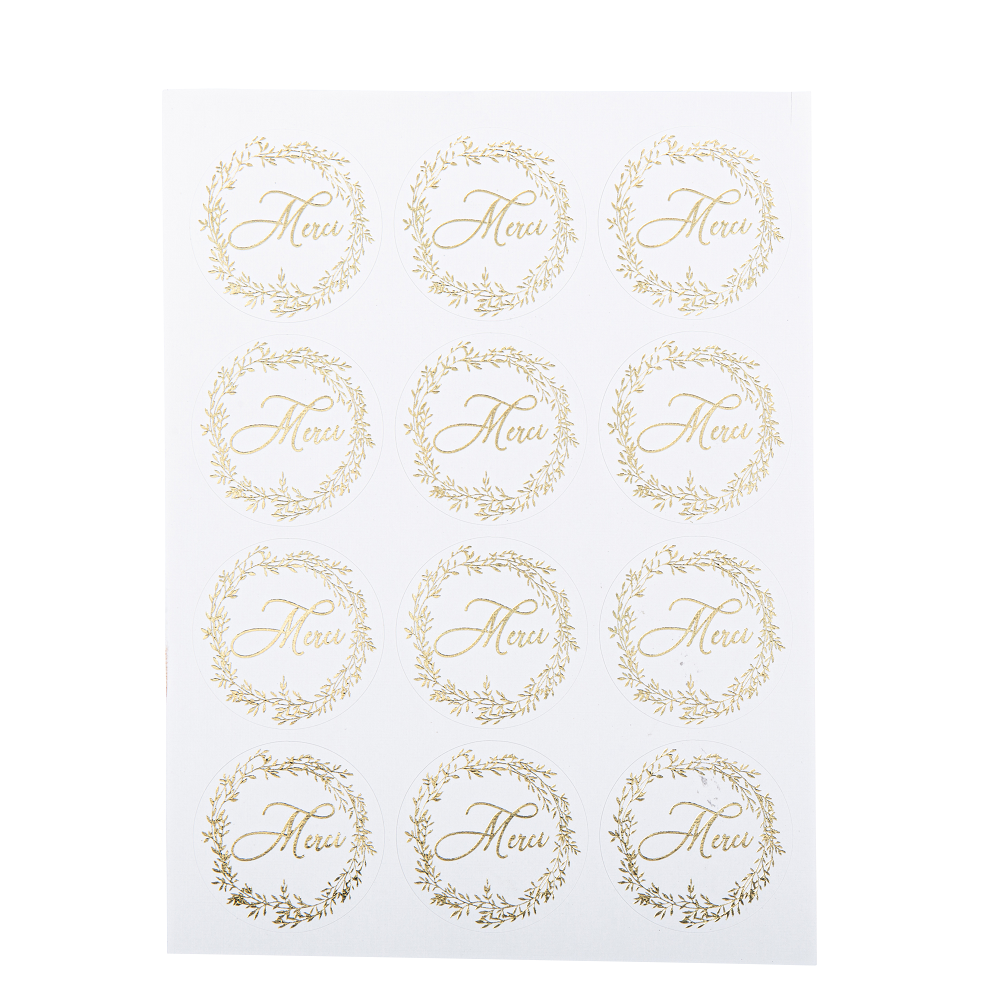 24 stickers "merci" feuilles dorées