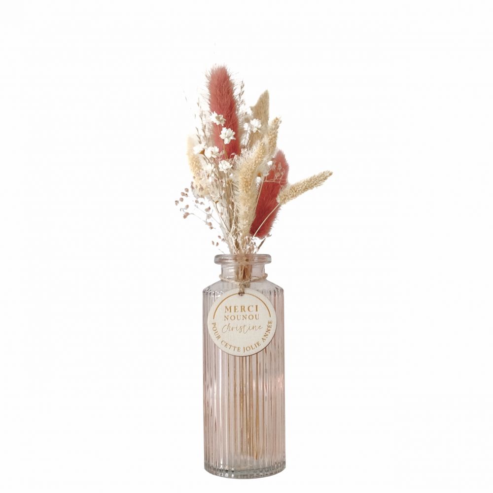 Petit vase + bouquet de fleurs séchées "Remerciements" - Etiquette personnalisable