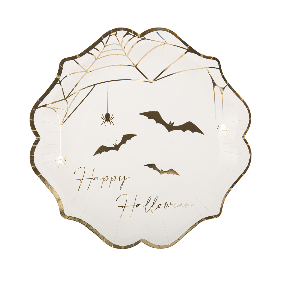 8 assiettes blanches et dorées "Halloween" - 23 cm