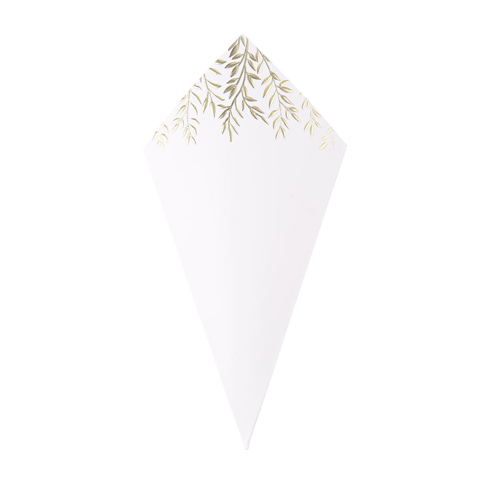 10 cornets à confettis "blanc feuilles dorées"