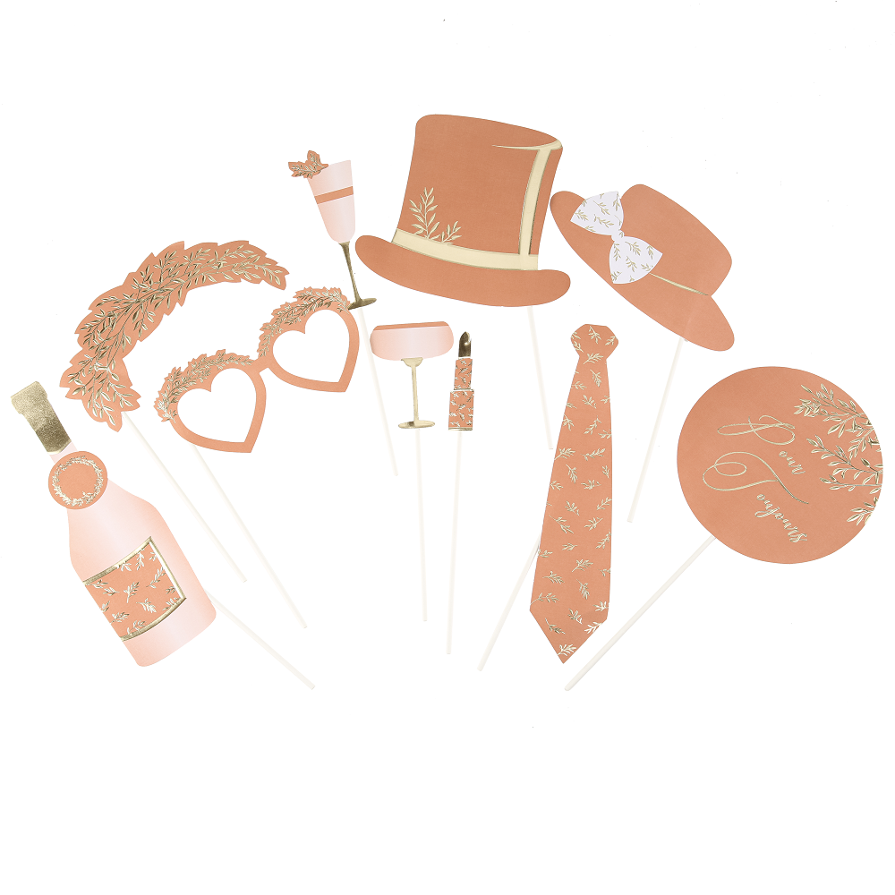 10 accessoires photobooth "terracotta feuilles dorées"