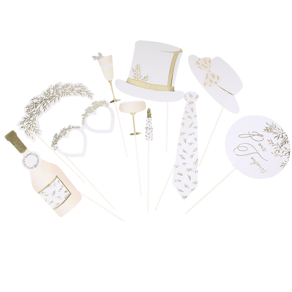 10 accessoires photobooth "blanc feuilles dorées"