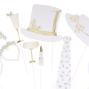 10 accessoires photobooth "blanc feuilles dorées"