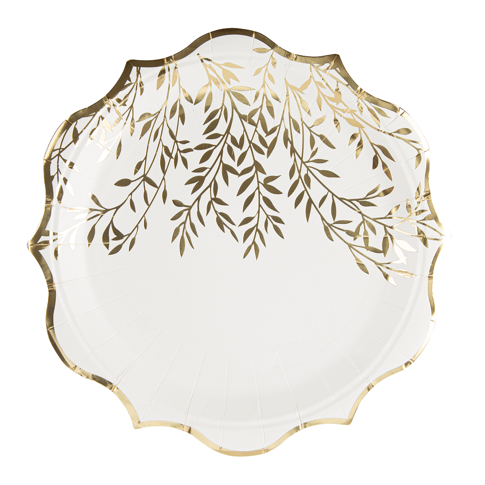 8 assiettes "blanc feuilles dorées" - 23 cm
