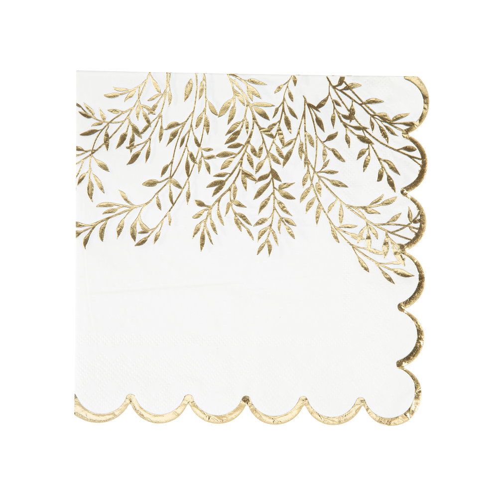 16 serviettes "blanc feuilles dorées"