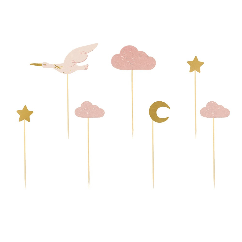 Lot de 7 pics à gâteaux "baby cigogne"