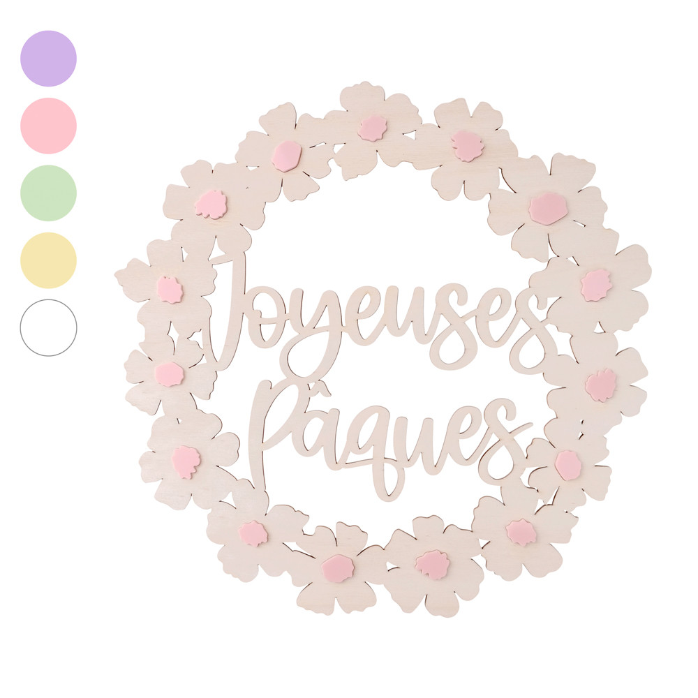 Couronne de fleurs en bois "Joyeuses Pâques" - couleur au choix