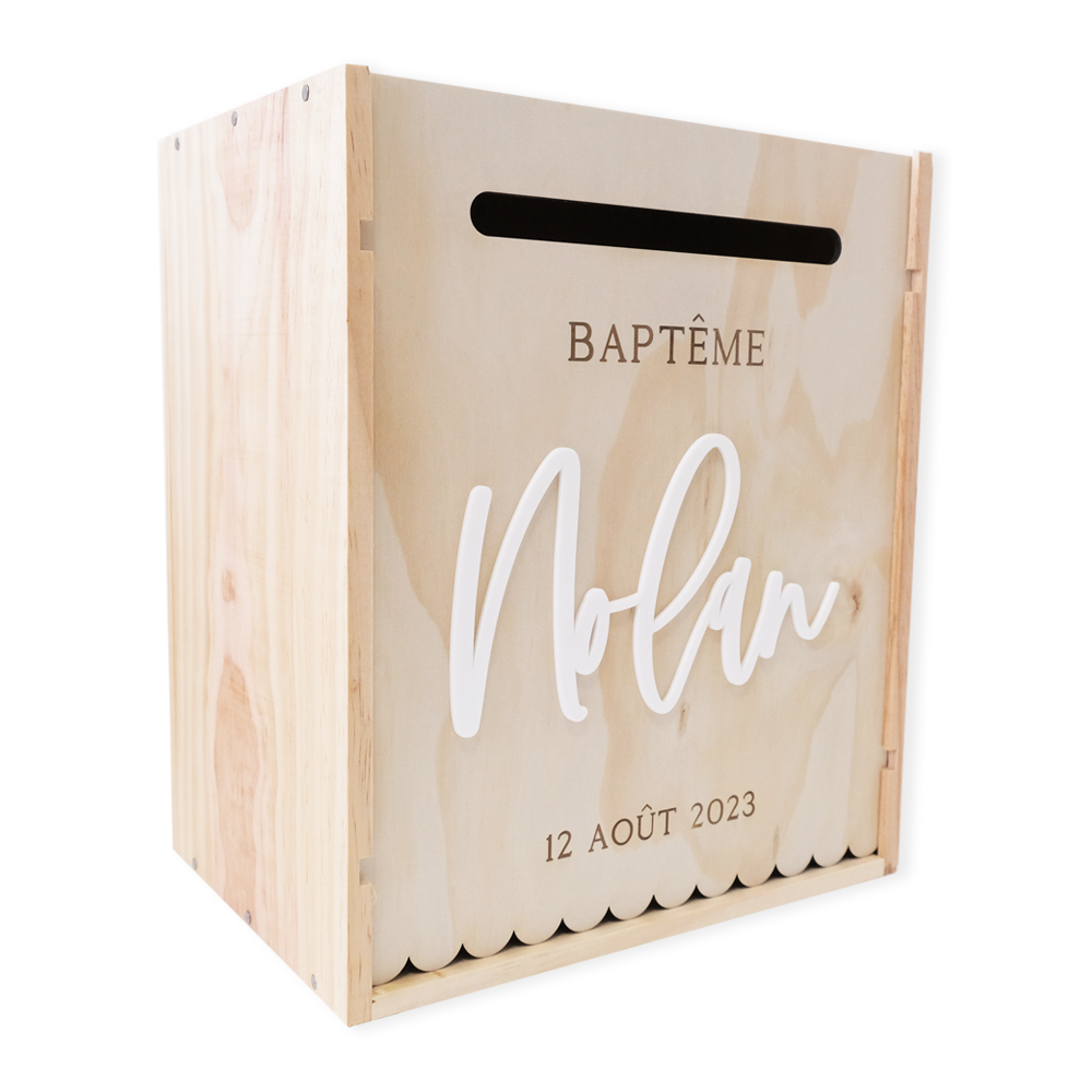 Urne en bois personnalisable "baptême festons"