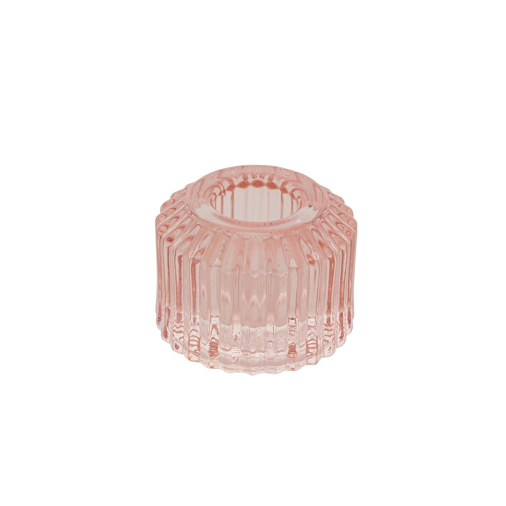 Bougeoir strié en verre rose