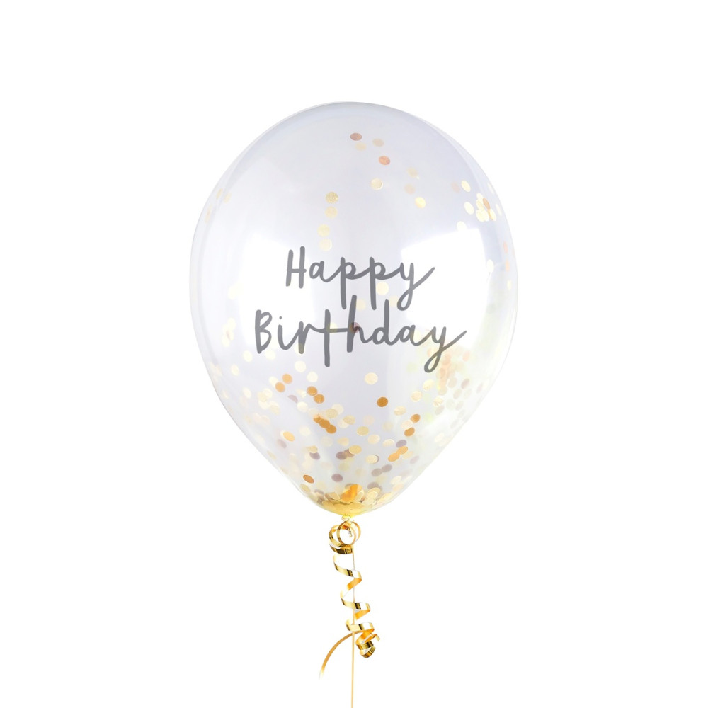 5 ballons confettis dorés "Happy birthday"