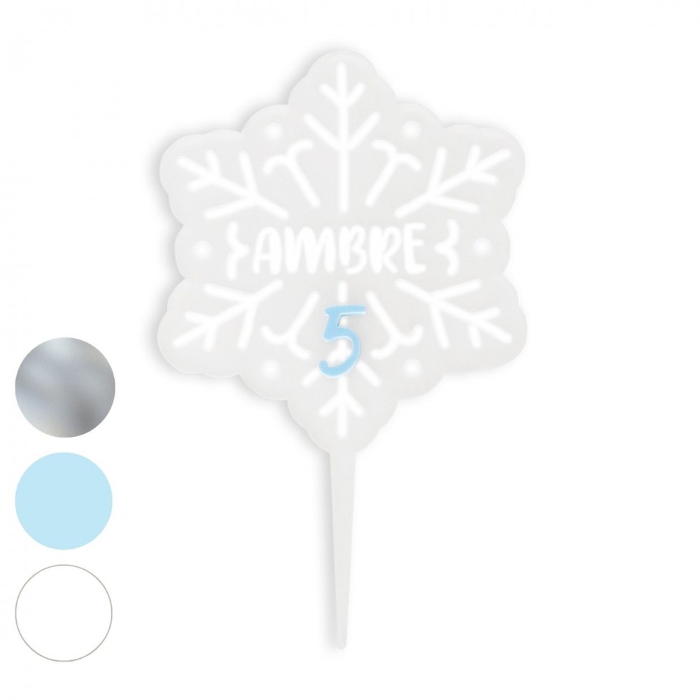 Cake topper personnalisable en plexiglas âge + prénom "Flocon"