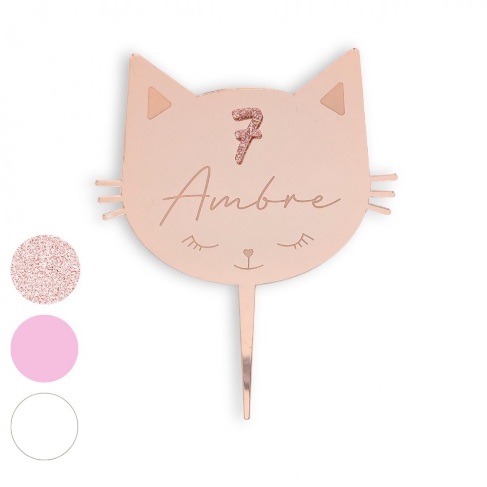 Cake topper personnalisable en plexiglas âge + prénom "Chat"