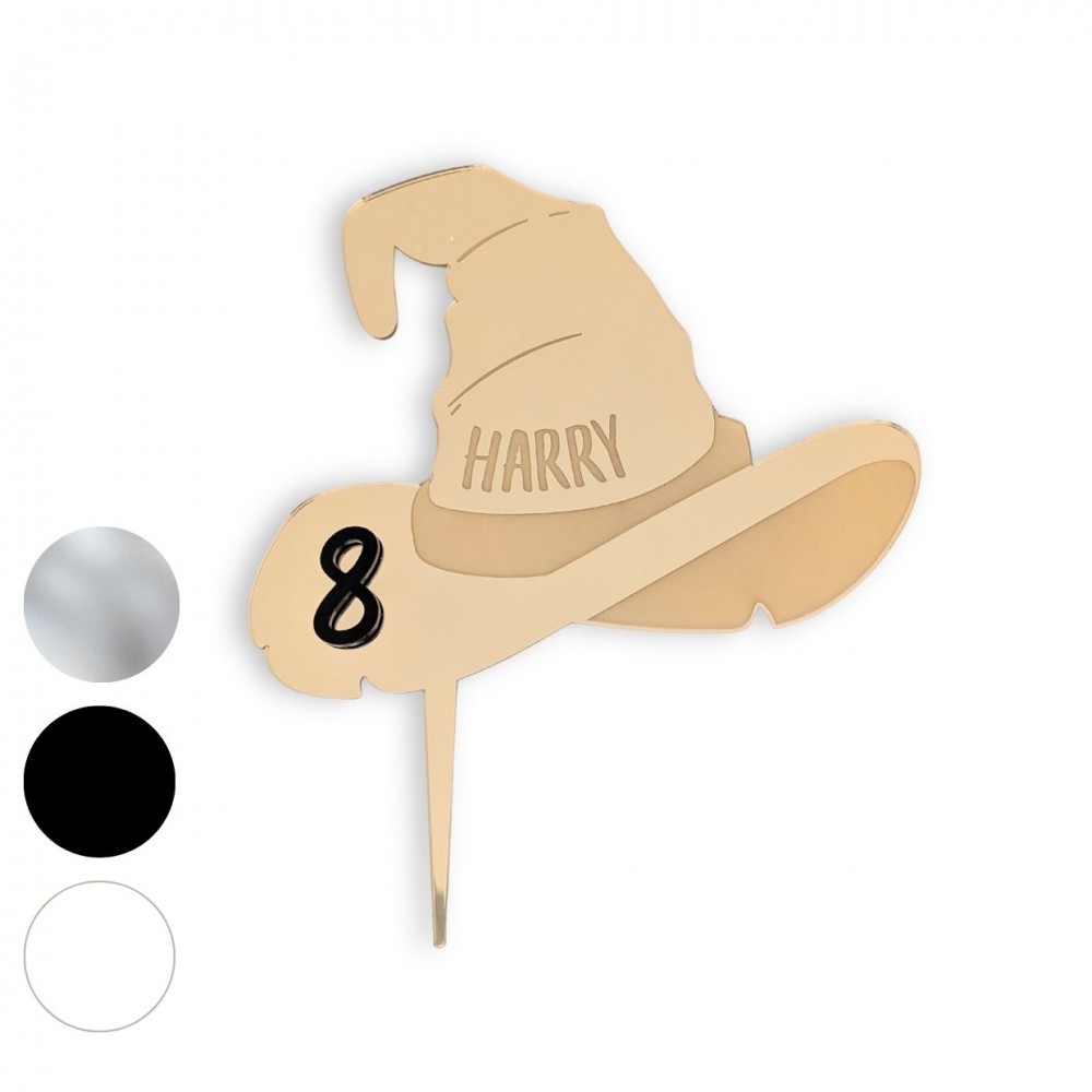 Cake topper personnalisable en plexiglas âge + prénom "Chapeau de sorcier"