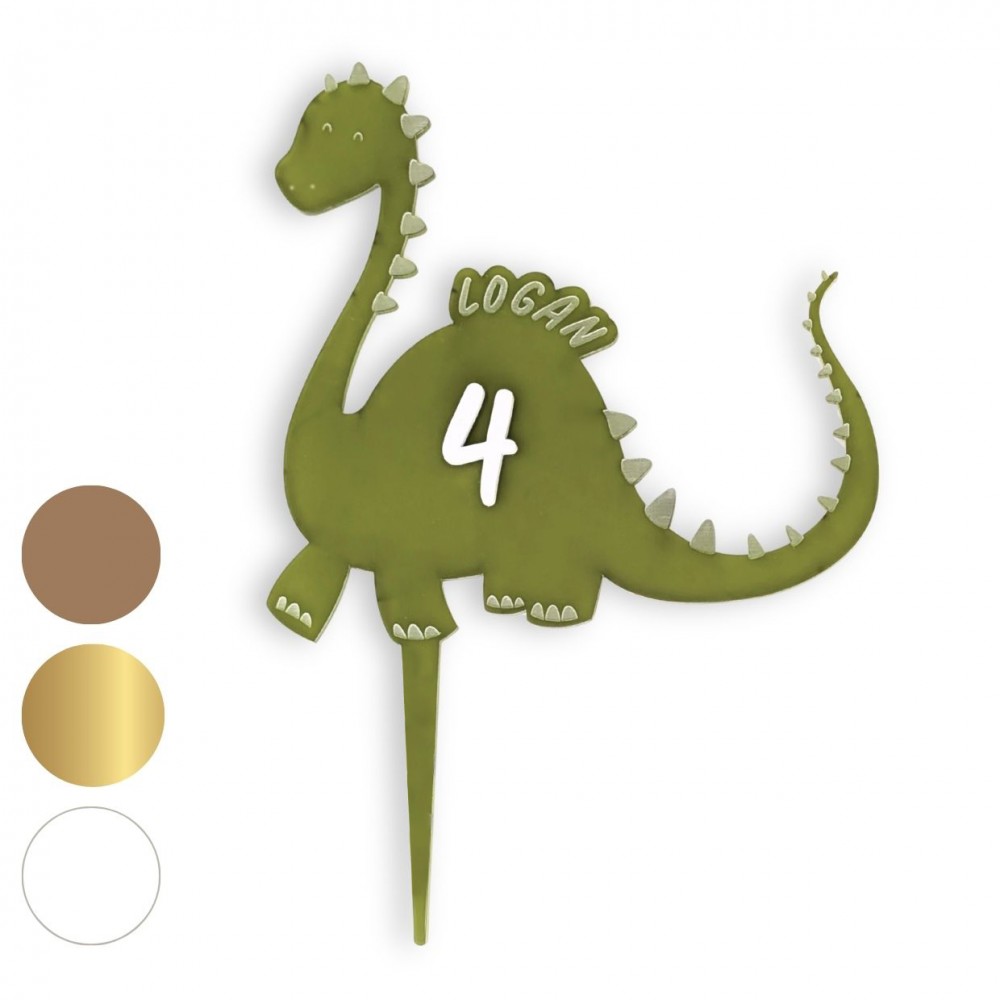 Cake topper personnalisable en plexiglas âge + prénom "Dinosaure"