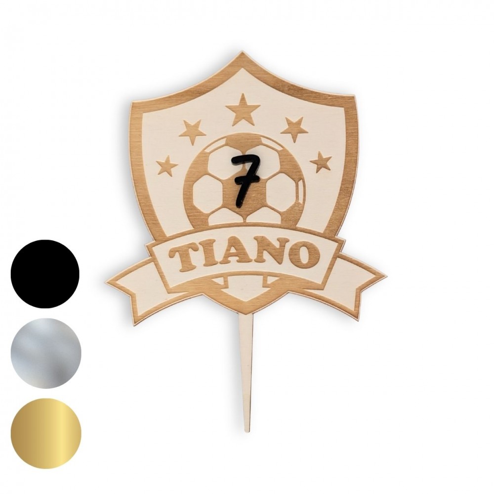 Cake topper personnalisable en plexiglas âge + prénom "Football"