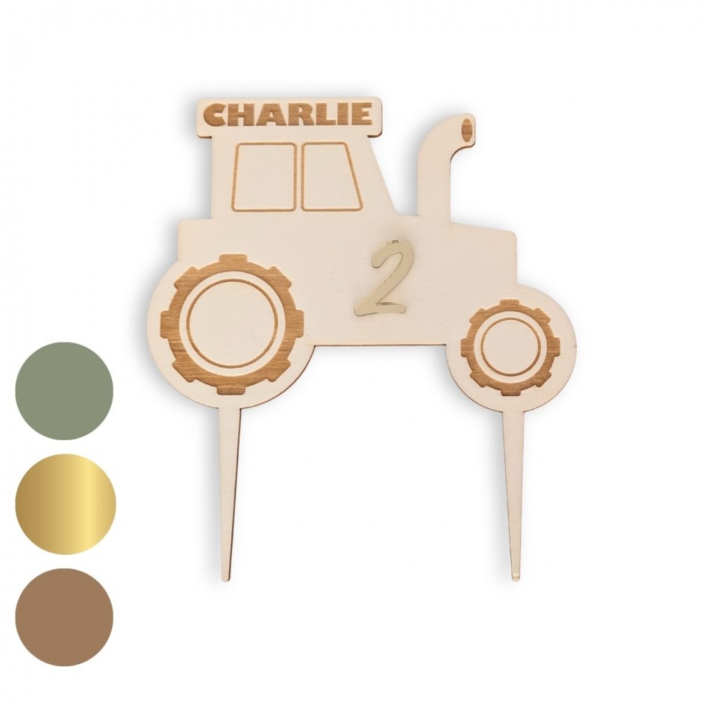 Cake topper personnalisable en plexiglas âge + prénom "Tracteur"