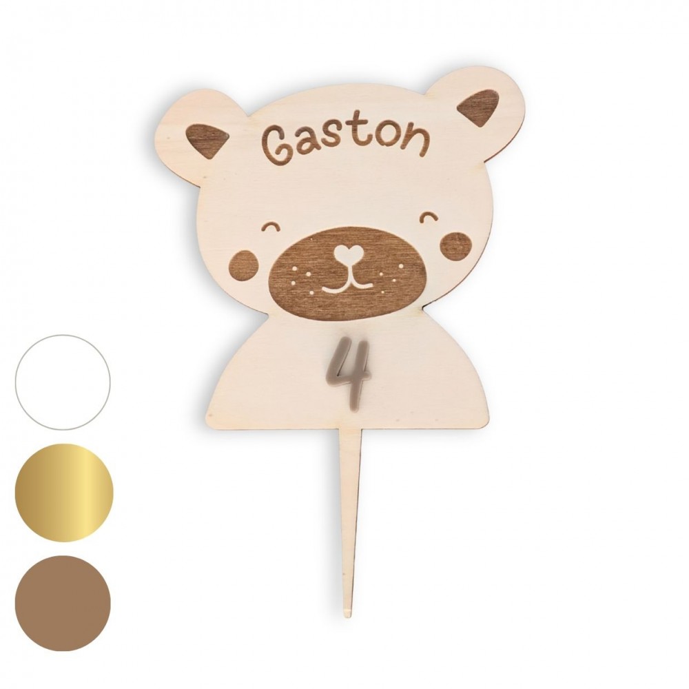 Cake topper personnalisable en plexiglas âge + prénom "Ourson"