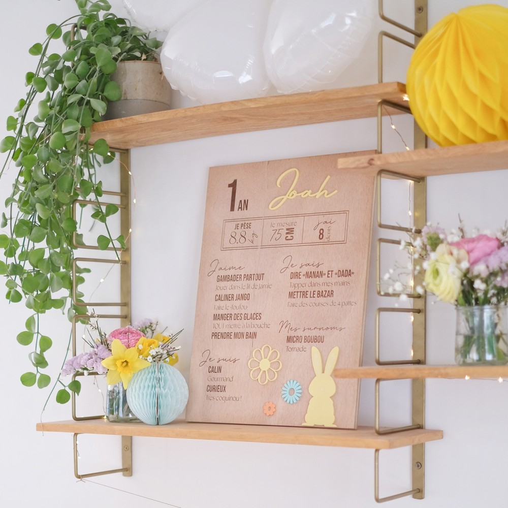Panneau 1 an en bois personnalisable "Petit lapin"