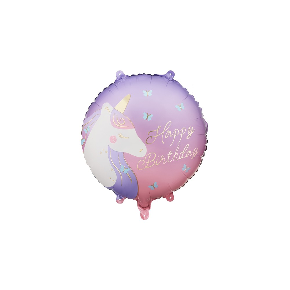 Ballon aluminium rond Happy Birthday avec licorne