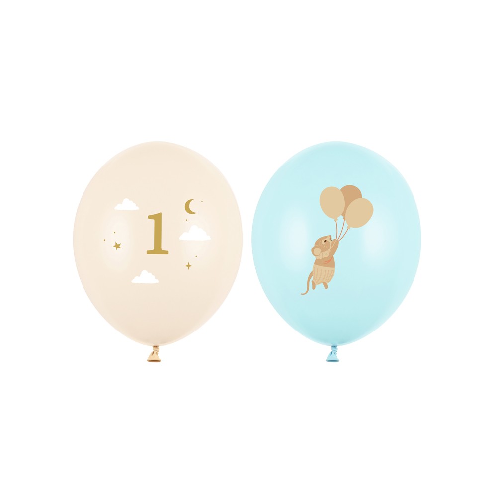 50 Ballons 30 cm - Souris avec chiffre 1 - Bleu clair
