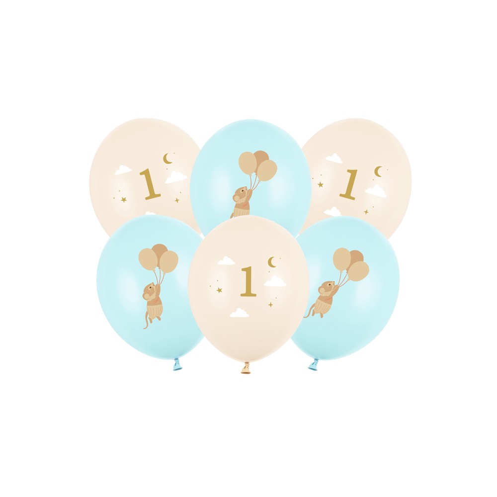 6 Ballons 30 cm - Souris avec chiffre 1 - Bleu clair