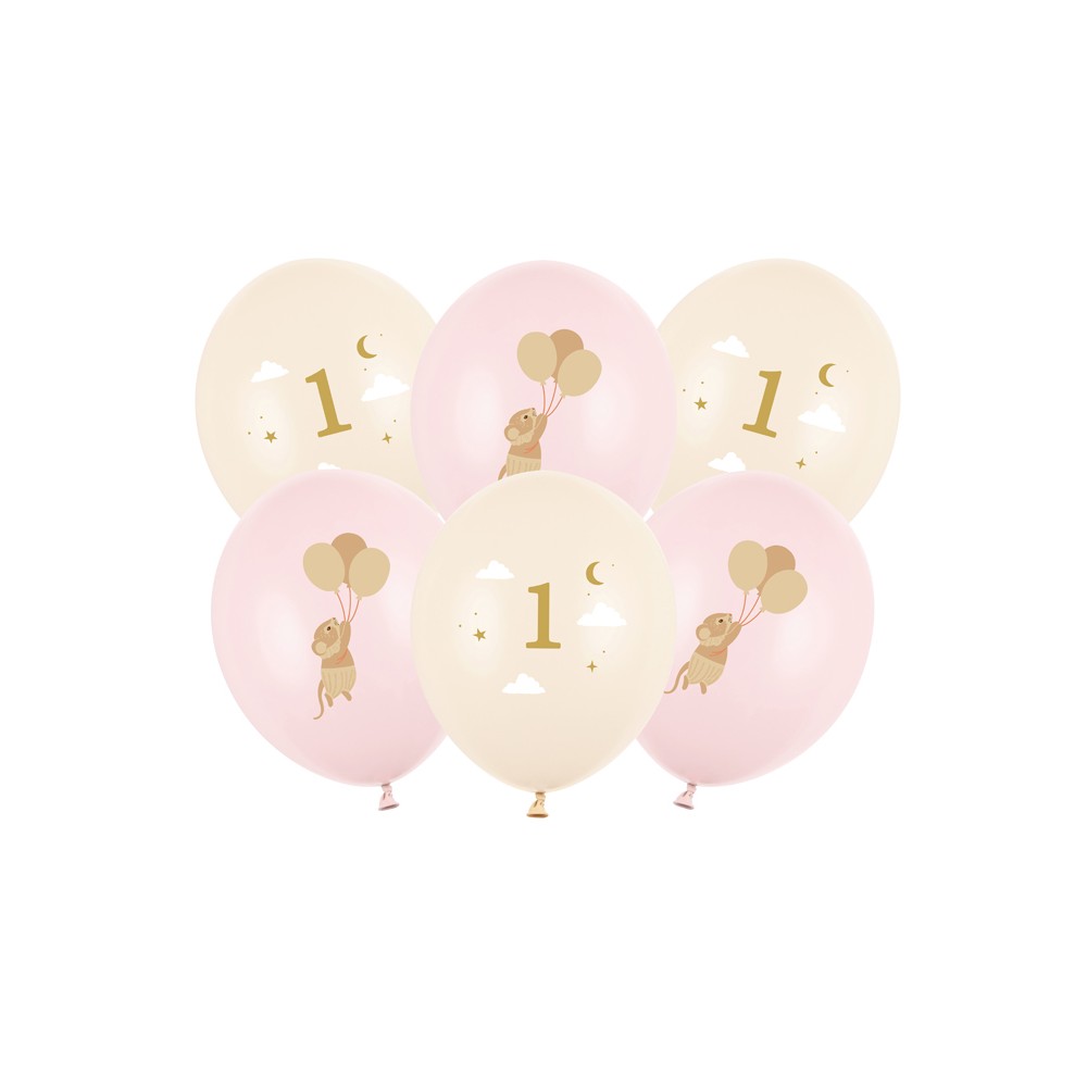 6 Ballons 30 cm - Souris avec chiffre 1 - Rose pâle