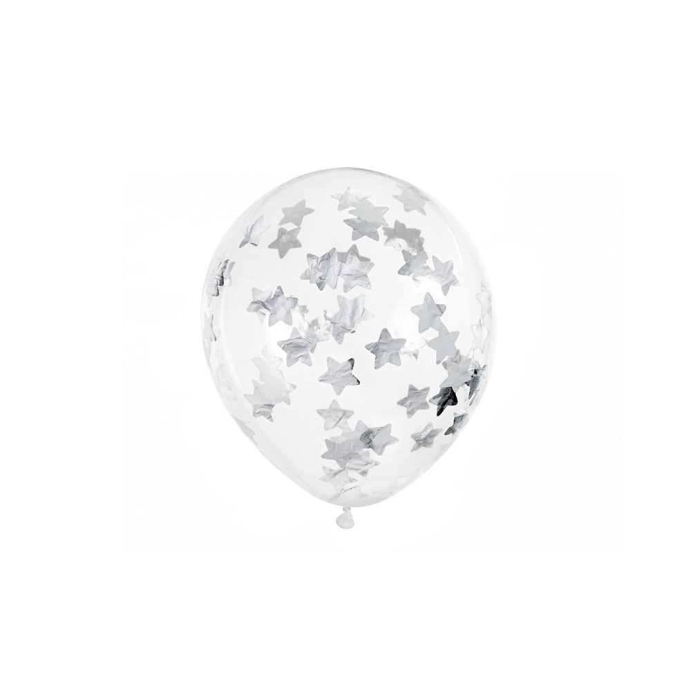 6 Ballons avec confettis - étoiles - 30 cm - argent