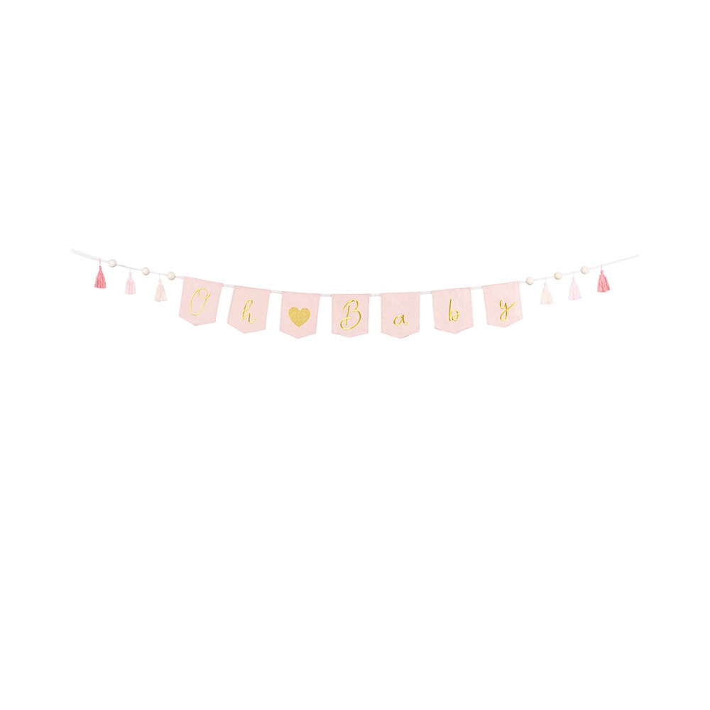 Banniére en coton Oh baby avec pompons - rose clair