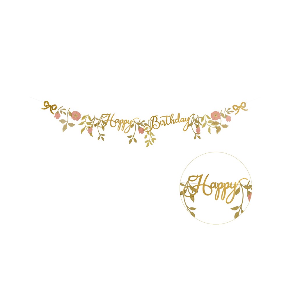 Guirlande Happy Birthday Fleurs - rose -or