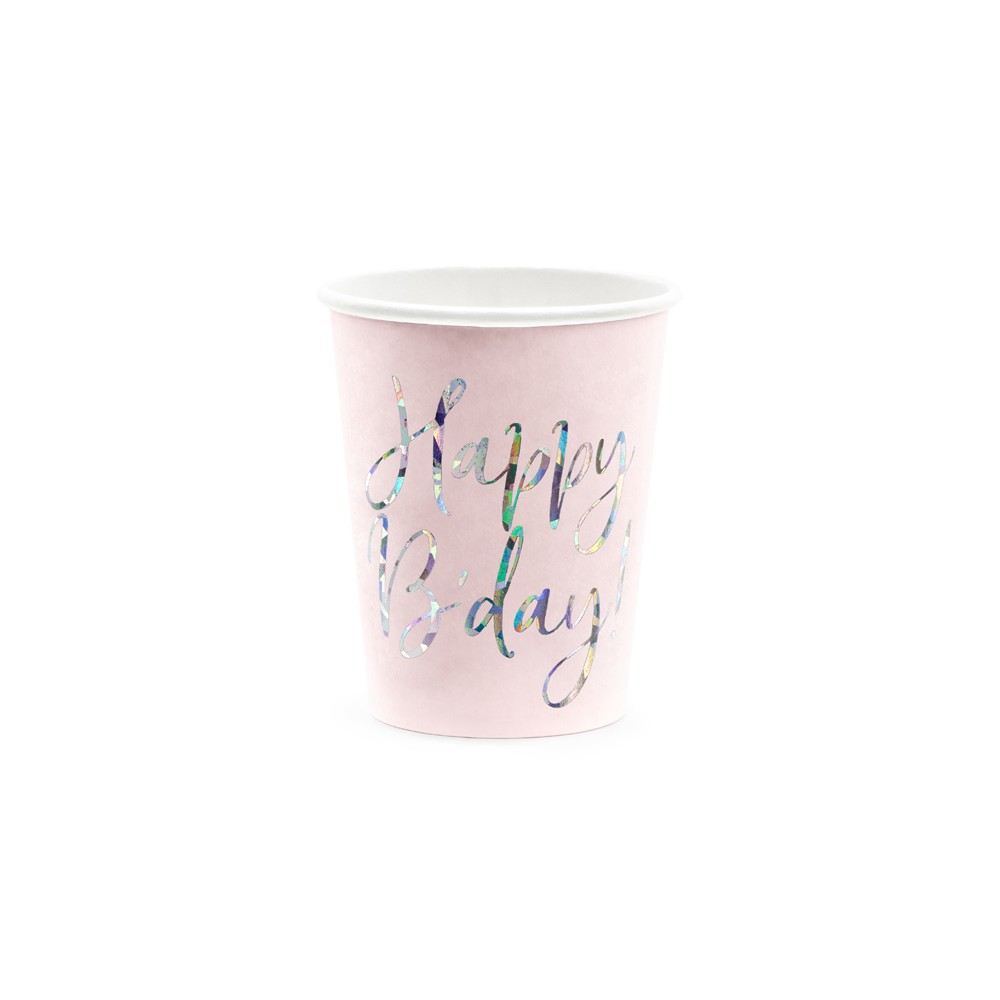 6 Gobelets en papier Happy B'day ! - rose poudré clair