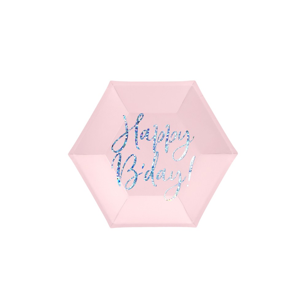 6 Assiettes Happy B'day ! - rose poudré brillant - 20cm