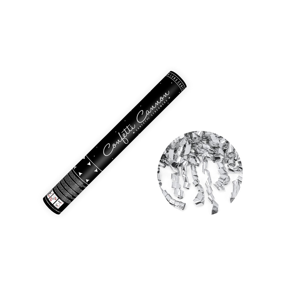 Canon à confettis avec serpentins - argent - 40cm