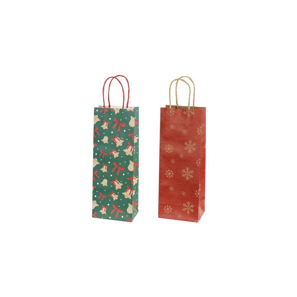 Sacs cadeaux Flocons et cloches, 12.5x33.5x9 cm, rouge et vert
