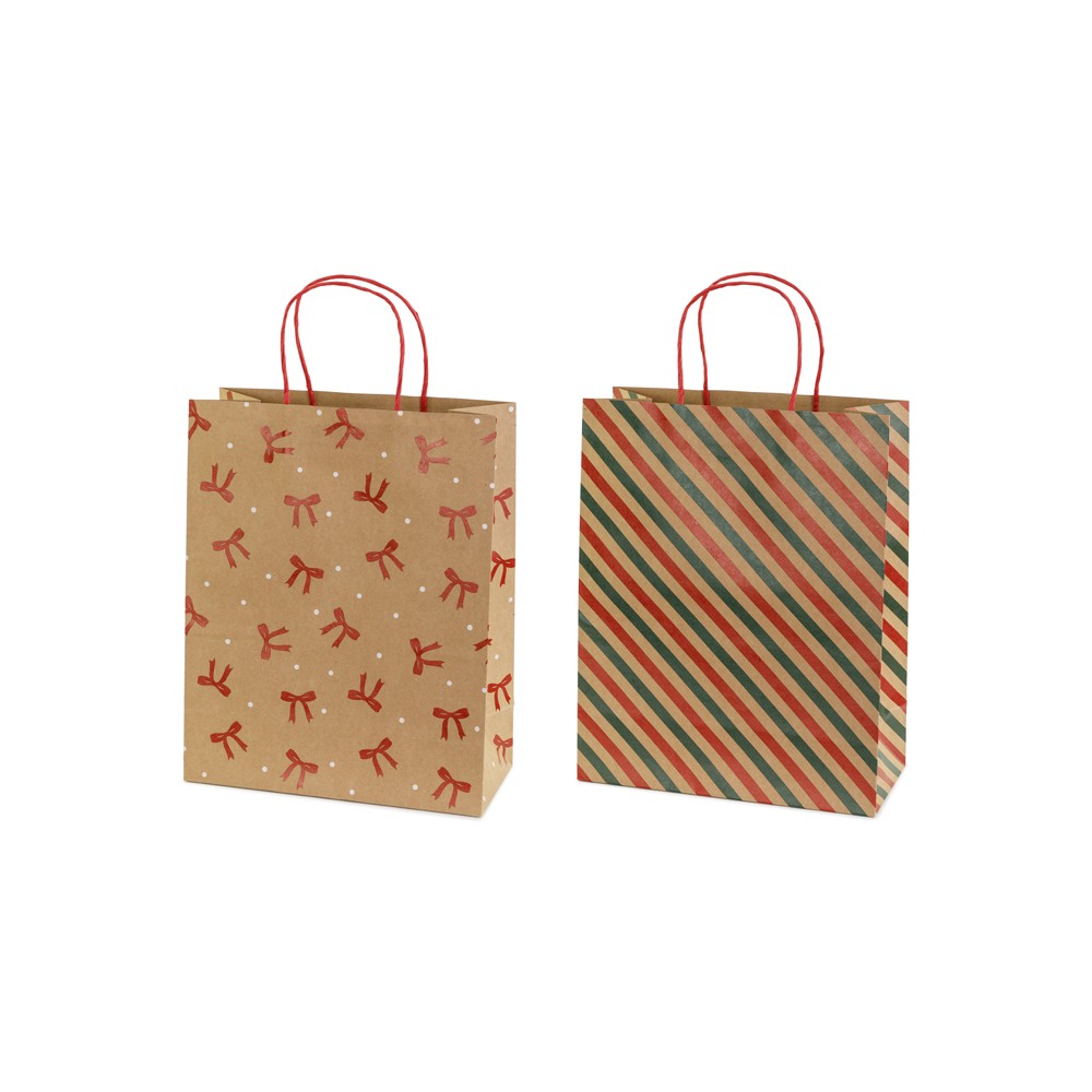 Sacs cadeaux Rayures et nœuds, 26x32.5x12 cm, kraft
