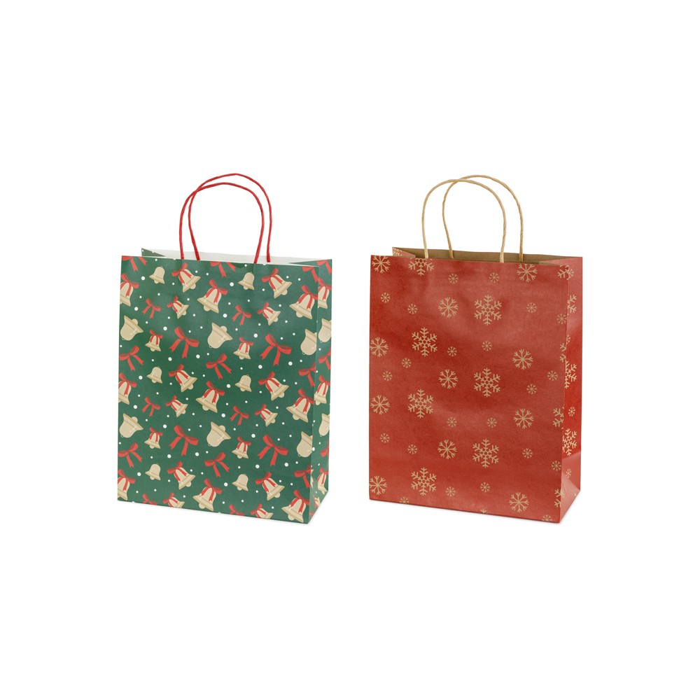 Sacs cadeaux Flocons et cloches, 26x32.5x12 cm, rouge et vert